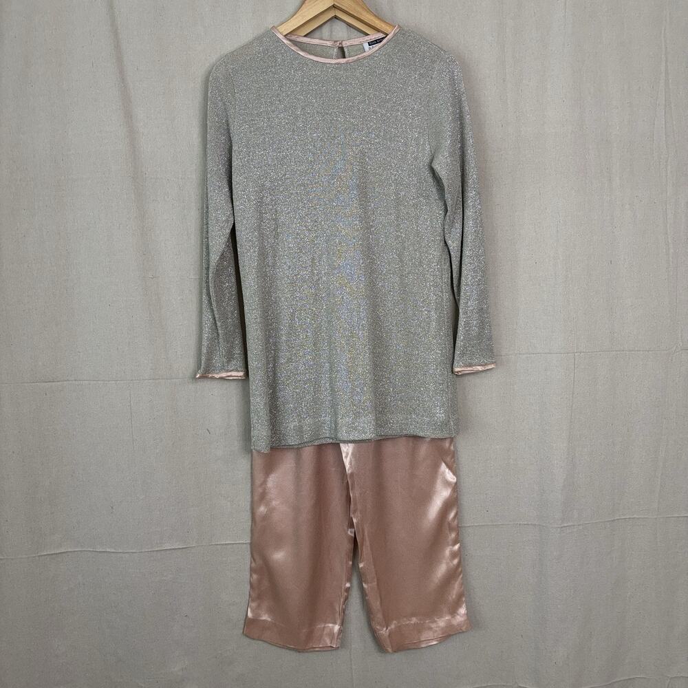 Vintage Lois Snyder Dani Max Womens Glam Satin Pant Set Size S Silver Old Money